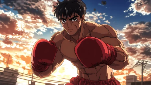 Determined street boxer standing strong under glowing skies.