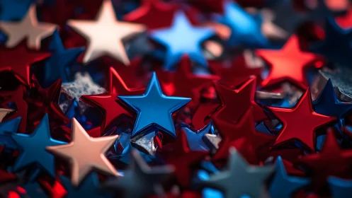 Photorealistic macro of glossy red and blue star confetti.