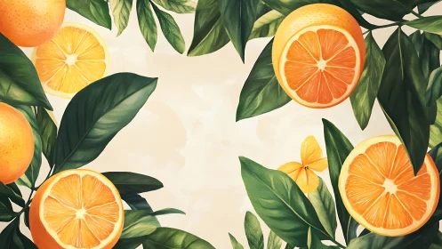 Citrus branch illustration with sliced oranges and dense foliage