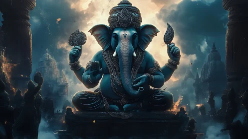 Serene elephant deity glowing softly in a misty temple realm.