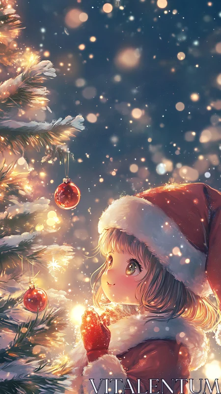 Starlit child in Santa red greeting a glowing winter tree.