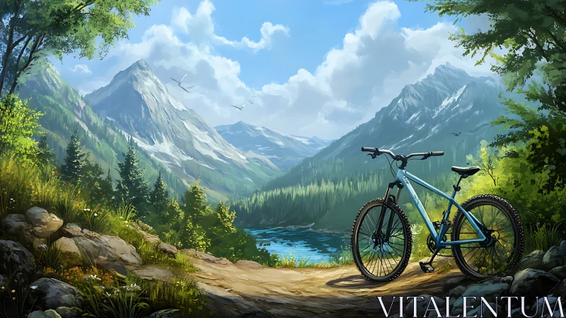 Mountain Bike Adventure Overlooking Alpine Valley and Lake.