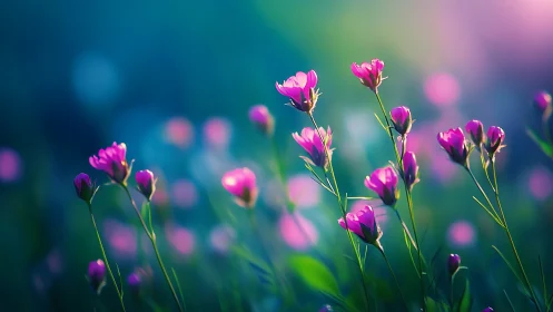 Magenta flowers blooming against teal-blurred background.