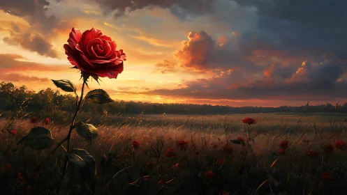 Solitary crimson rose rising over luminous sunset field.