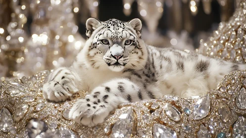 Snow Leopard Resting on Crystalline Surface with Ambient Lighting