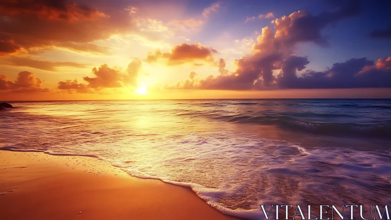 Sunset surf ignites tranquil shoreline with golden light.