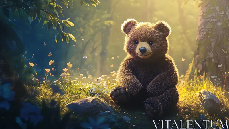 Daydreaming forest cub basking in golden woodland glow.