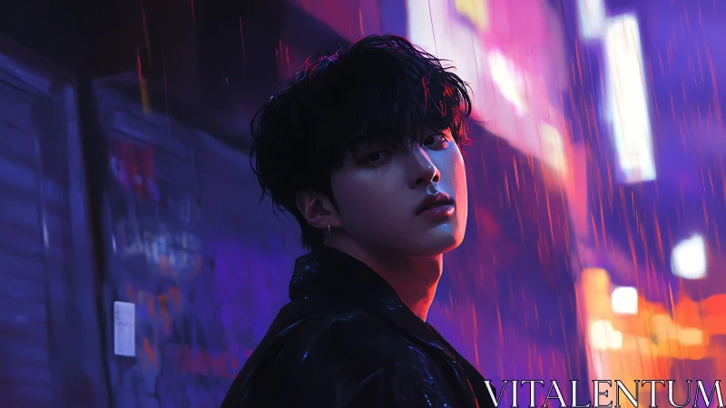 Moody young man in neon city rain at night.