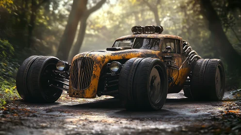 Rustic custom hot rod car on forest path in soft light.