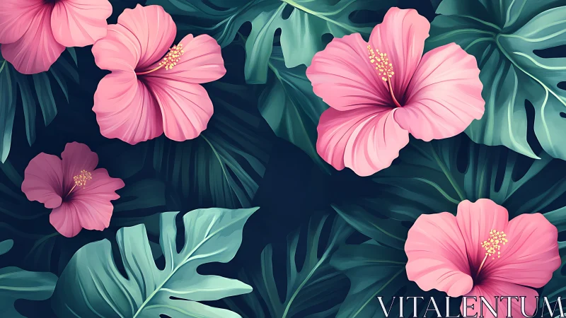 Hibiscus Blooms Against Deep Teal: Digital Botanical Composition.
