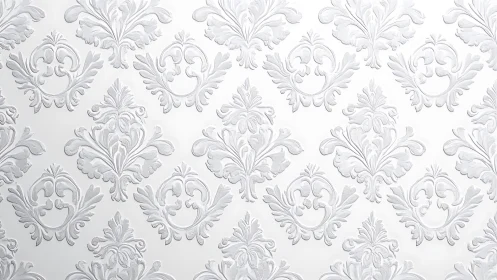 White baroque damask wallpaper casts soft sculpted shadows