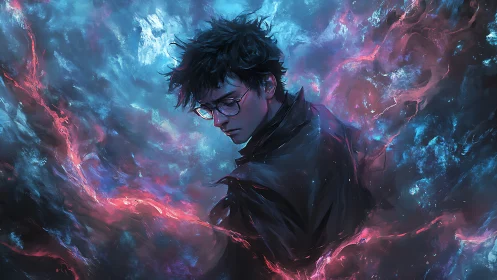 Solitary mage turns inward amid swirling cosmic storm