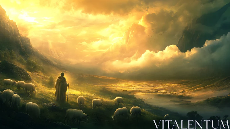 Radiant valley shepherd wandering under molten sunrise skies.