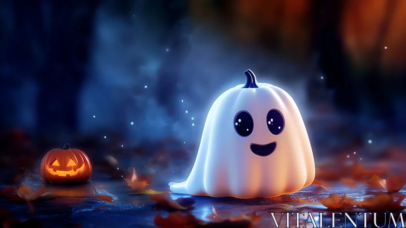 Luminous chibi ghost pumpkin with jack-o-lantern companion.