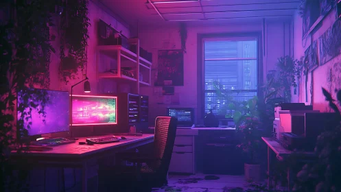 Neon lit home office with dual monitors and indoor plants.