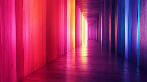 Chromatic corridor hums softly toward a luminous escape
