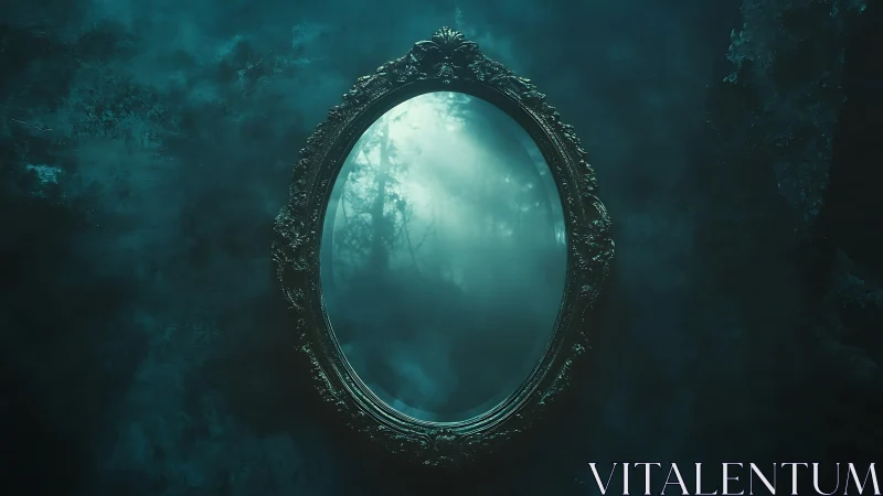 Ornate oval mirror reflecting misty forest light. Period.