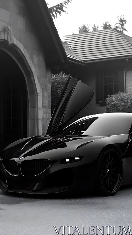 Sleek black sports car waits confidently in a quiet driveway