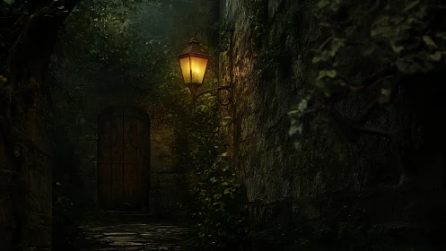 Old stone alley glows under a single enchanted lantern.