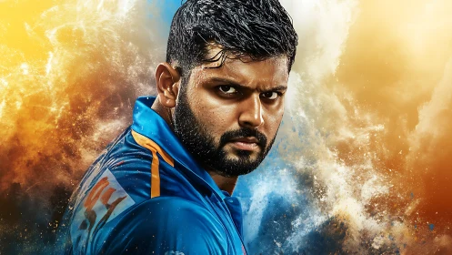 Intense cricket player emerges amid explosive color clouds.