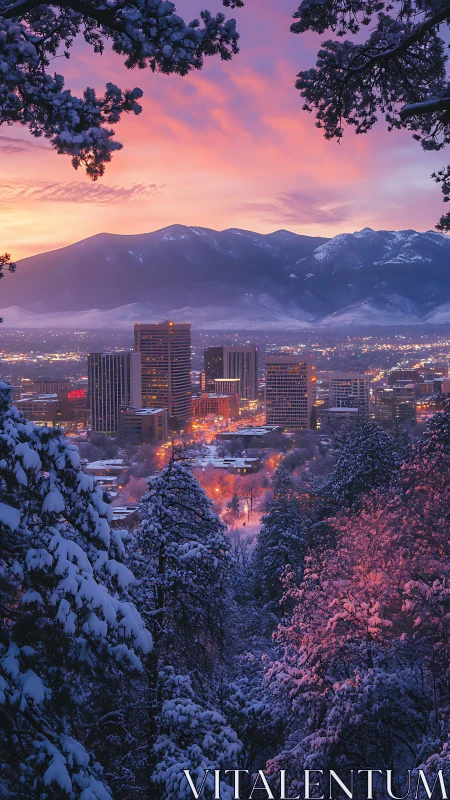 Vertical winter cityscape framed by snow-laden forest canopy.