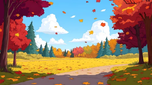 Autumn Landscape with Falling Leaves and Forest Path.