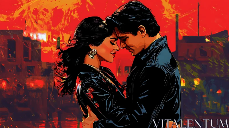 Romantic couple embracing against vivid red city backdrop.