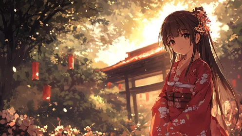 Kimono girl in sunlit shrine garden, soft anime ambience.