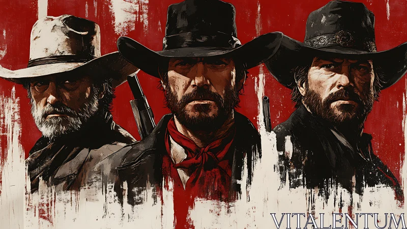 Triadic gunslingers in stylized western portrait composition