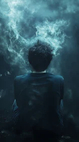 Solitary figure sits in swirling teal vaporous haze