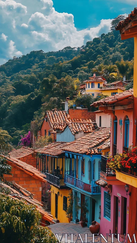 Color-drenched hillside street hums softly beneath lush mountains