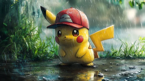 Rainy alley Pikachu in trainer cap, softly shimmering resolve.