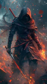 Hooded emberblade warrior striding through the burning dusk.