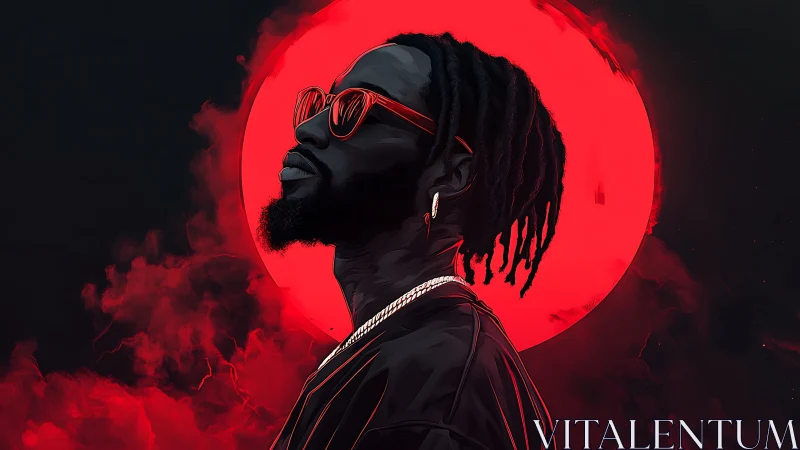 Stylized portrait places confident figure before red moon