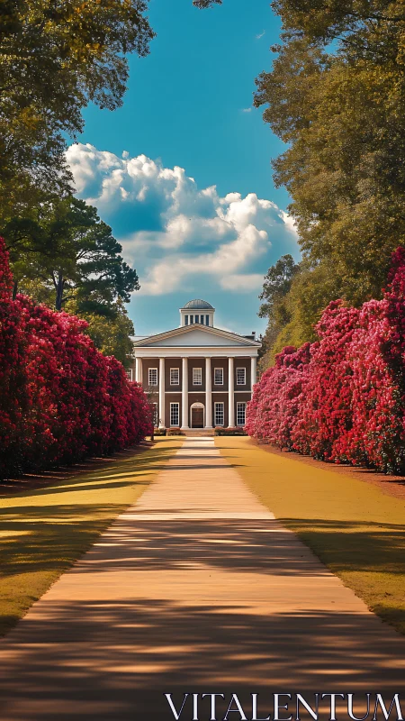 Symmetrical neoclassical hall framed by flowering hedge corridor