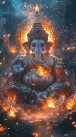 Ganesha deity statue glows within blazing molten aura