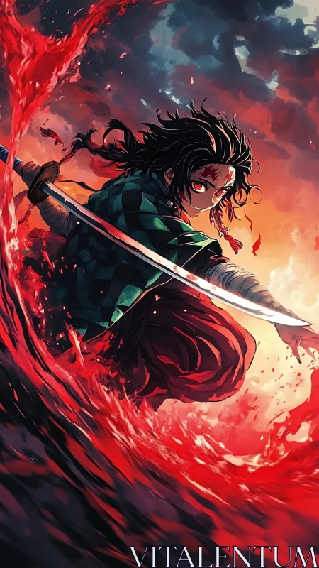 Storm-lit swordsman carves a crimson river through dusk