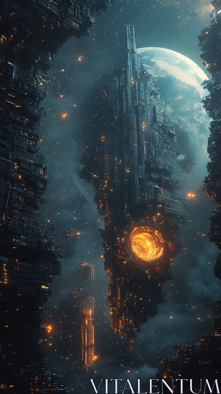 Starlit mega-structures drift quietly before a distant planet