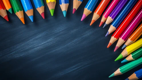 Color pencils framing blue chalkboard with empty center space.