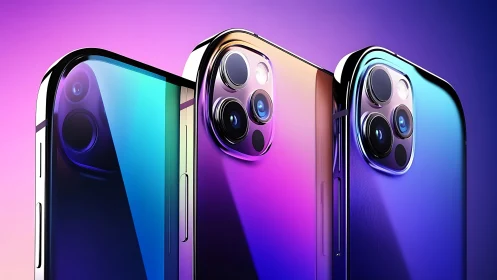 Prismatic smartphones gleam under neon gradients of light.