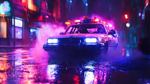 Neon-soaked police sedan under volumetric rain lighting.