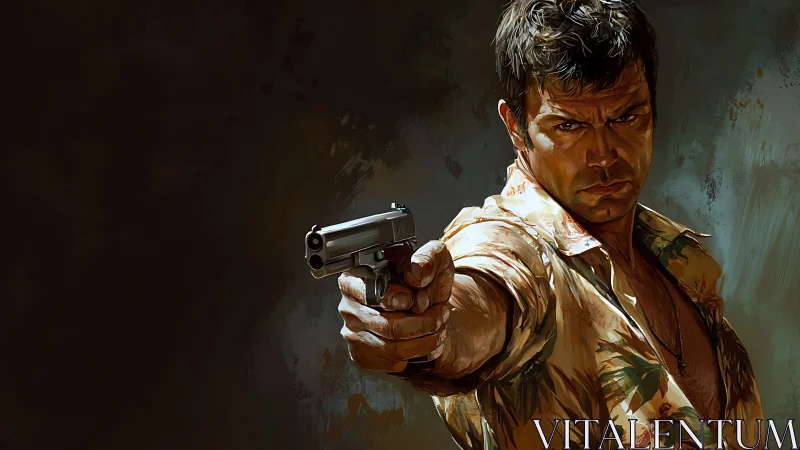 Digital gunman portrait with tense direct confrontation.