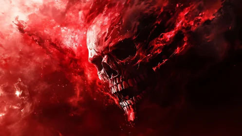 Infernal crimson skull dissolving into raging cosmic firestorm.