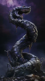 Gigantic twisted serpent rising from dark corrupted ground.