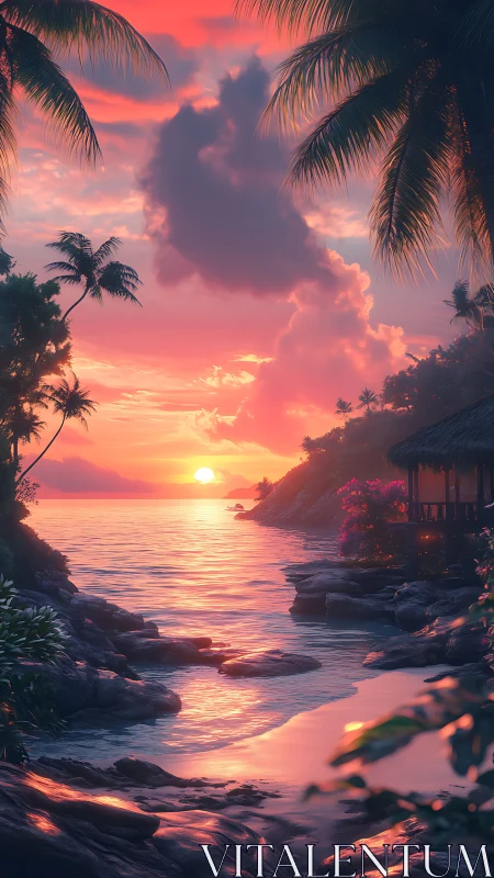 Tropical cove glows beneath a vivid pink sunset sky.