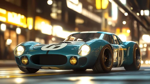 Retro blue race car prowling neon city streets at night.