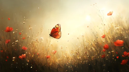 Orange butterfly hovers above red wildflowers in hazy light