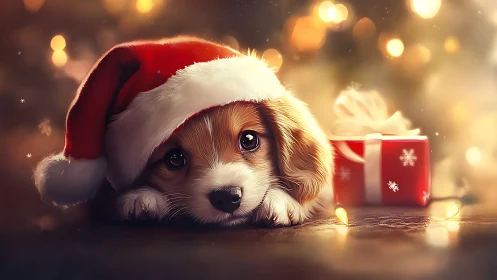 Sleepy puppy in a Santa hat basking in holiday glow.