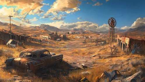 Rusting car overlooks sunlit post-apocalyptic desert town.
