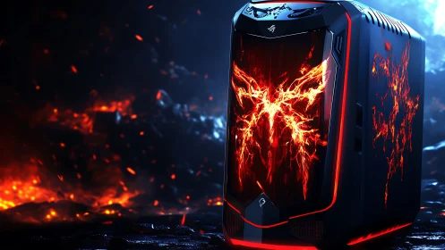 Gaming PC tower with fiery abstract front panel design.